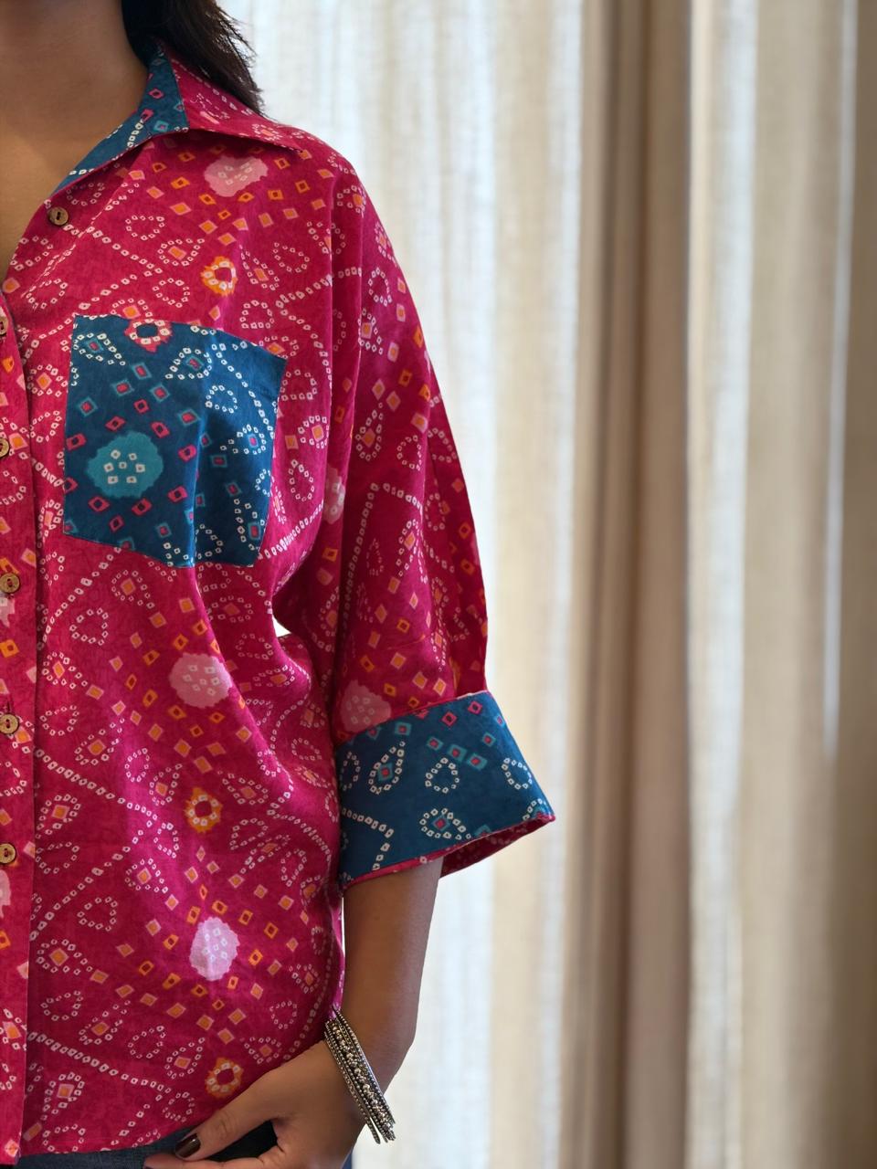 Pink Bandhni Shirt with blue patch