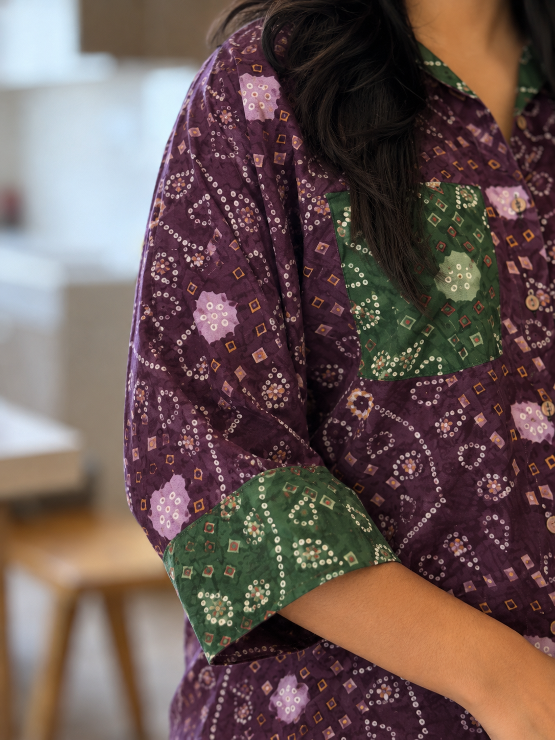 Wine Bandhani shirt with green patch