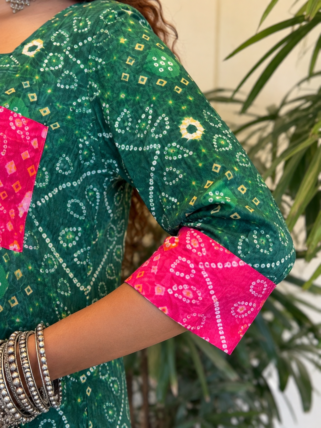 Green Bandhni Pink patch Jumpsuit