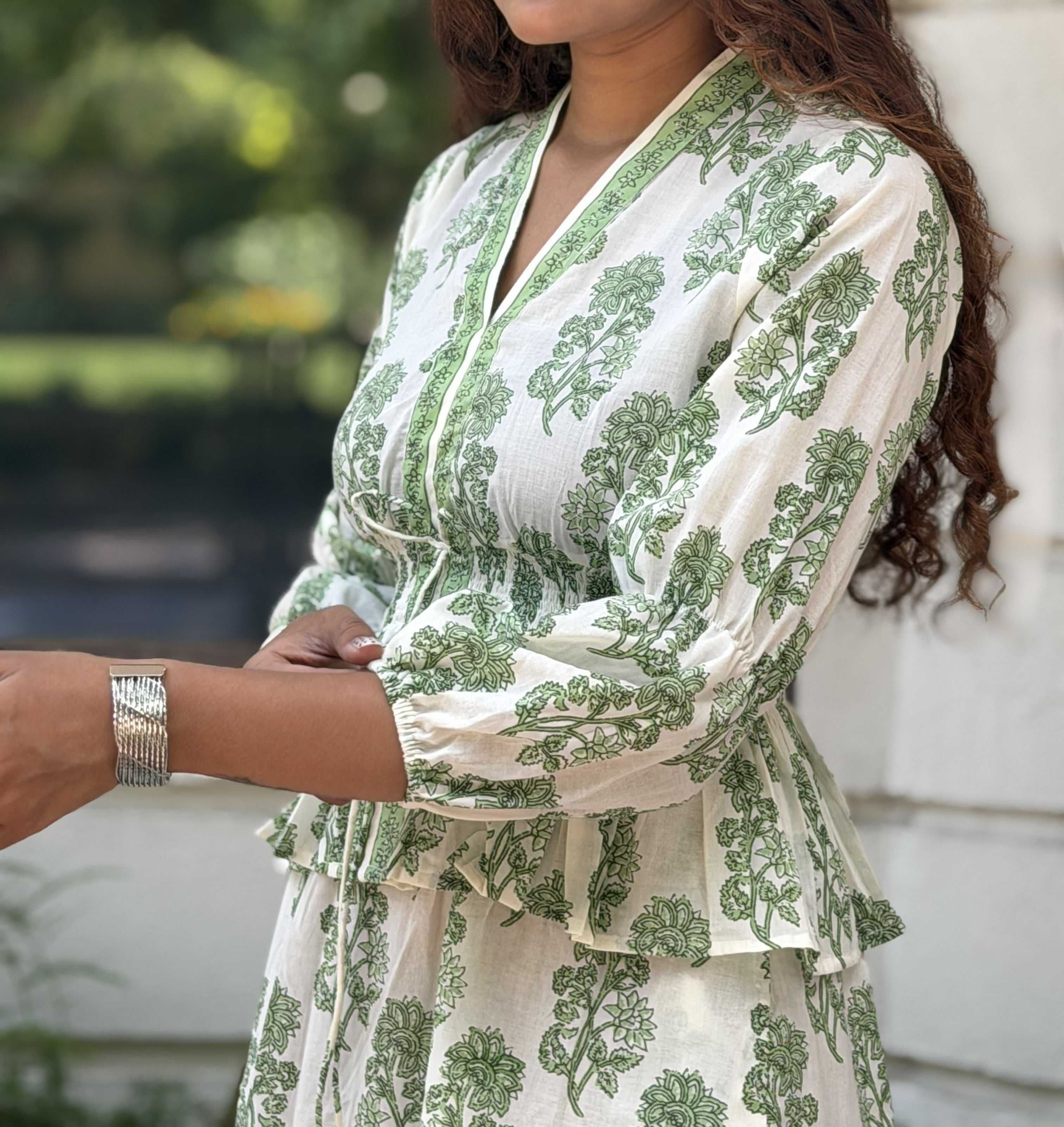 Hand-blocked White & Green Elasticated Long Dress