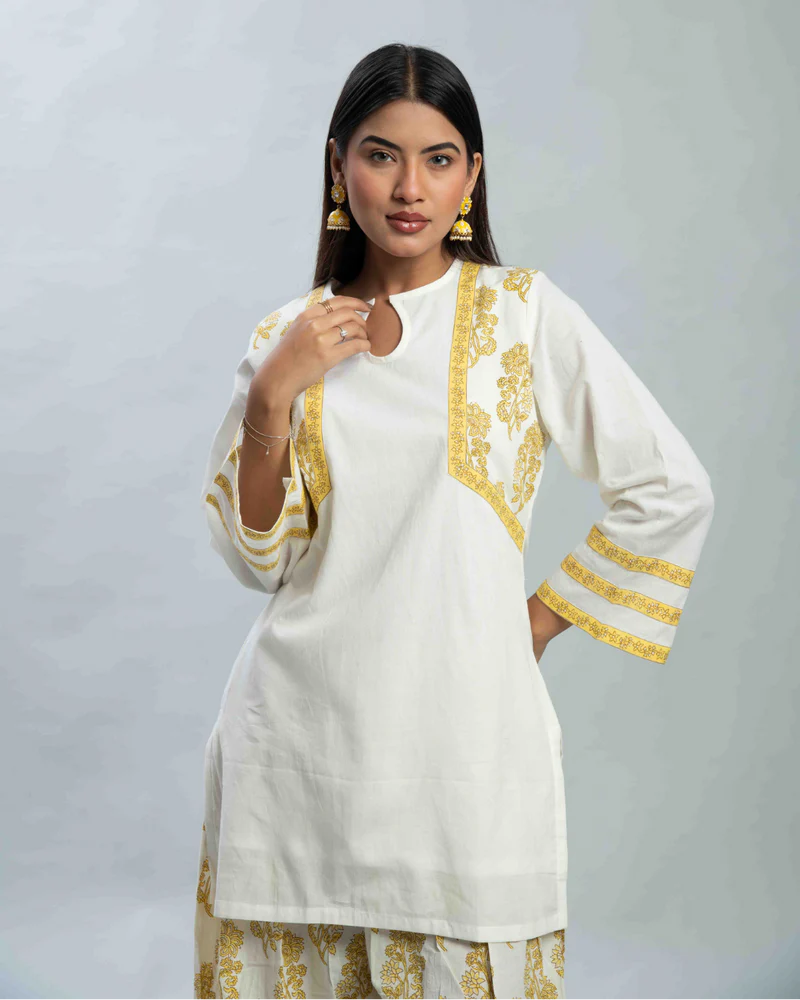 Classic Yellow Handblocked Cotton Kurti